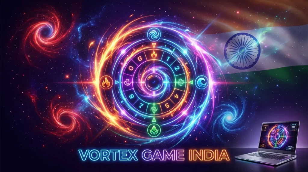 A cosmic-themed image with fiery red and blue vortices and a glowing astrological wheel. To the left is the Indian flag. A laptop on the right shows the corresponding "Vortex Game India" interface, and glowing text at the bottom reads "VORTEX GAME INDIA".