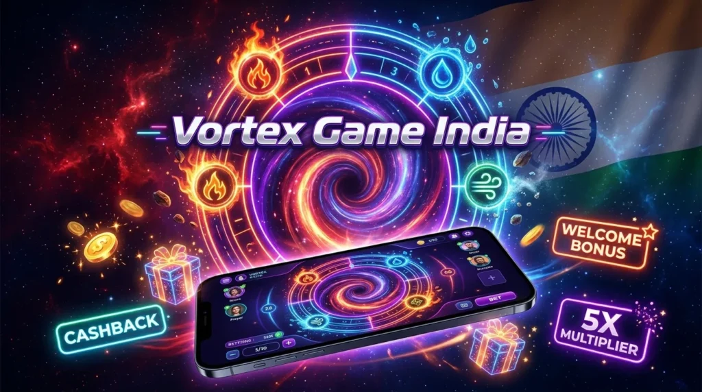 A dynamic, colorful space scene with a glowing central spiral and elemental icons. A phone in the foreground displays the game interface. Prominent text at the top says "Vortex Game India," accompanied by glowing signs: "WELCOME BONUS," "CASHBACK," and "5X MULTIPLIER." The Indian flag is on the right.